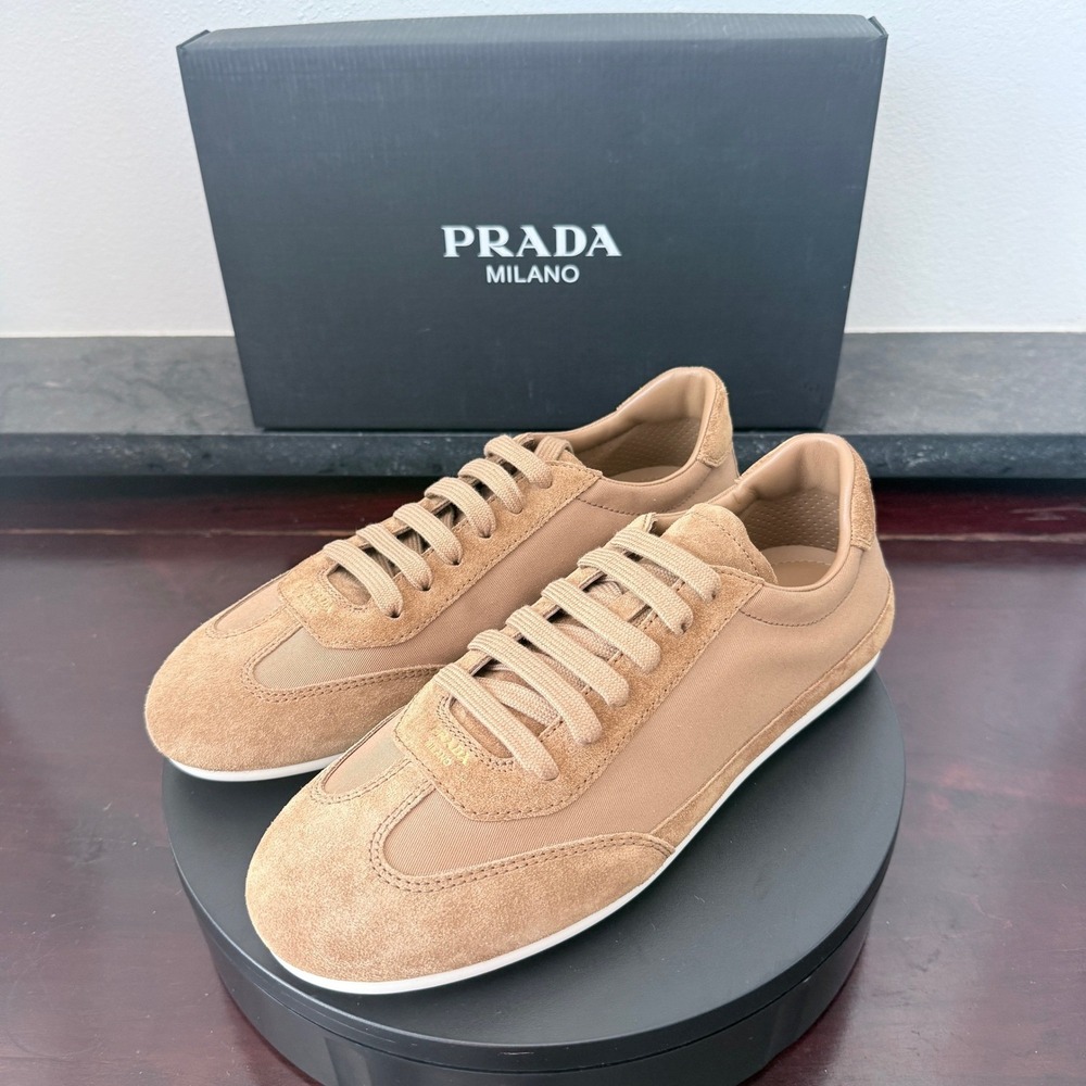 Prada 2EE442 Suede Panel Drill Mens Brown Sneaker UK 10 Low Top Trainer